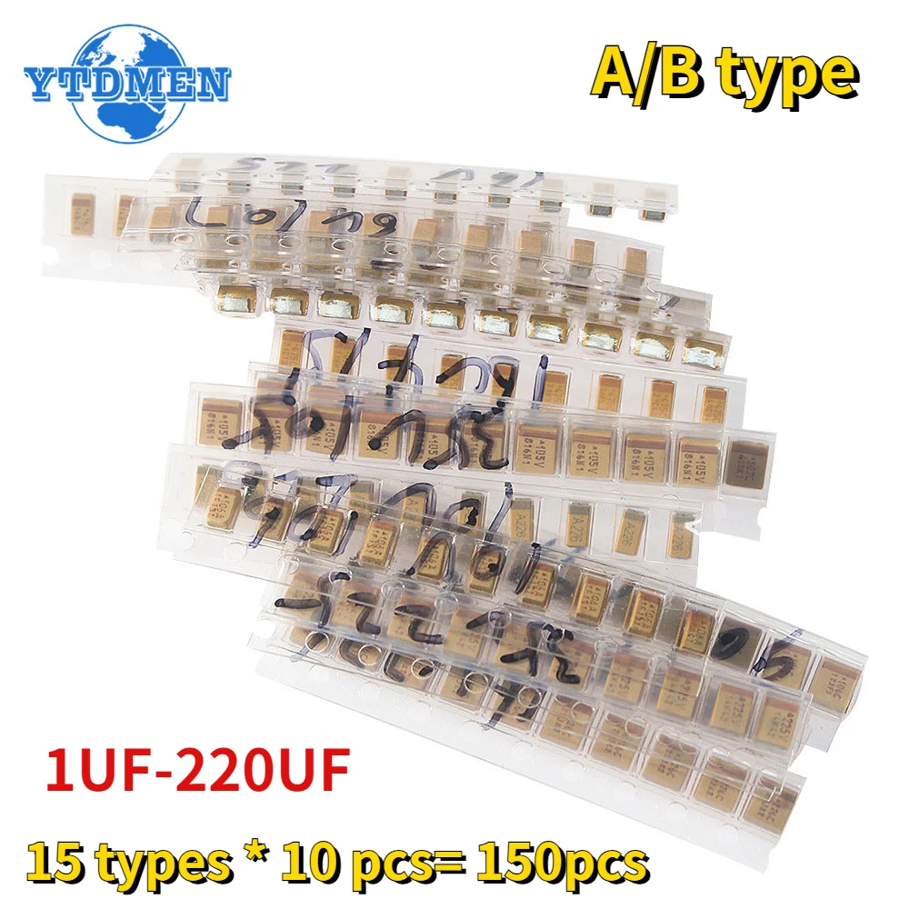 

150pcs A B Case Tantalum Capacitor 6V 10V 16V 25V 35V 1uf-220uf 15 types SMD Tantalum Capacitor 1UF 2.2UF 4.7UF 10UF 47UF