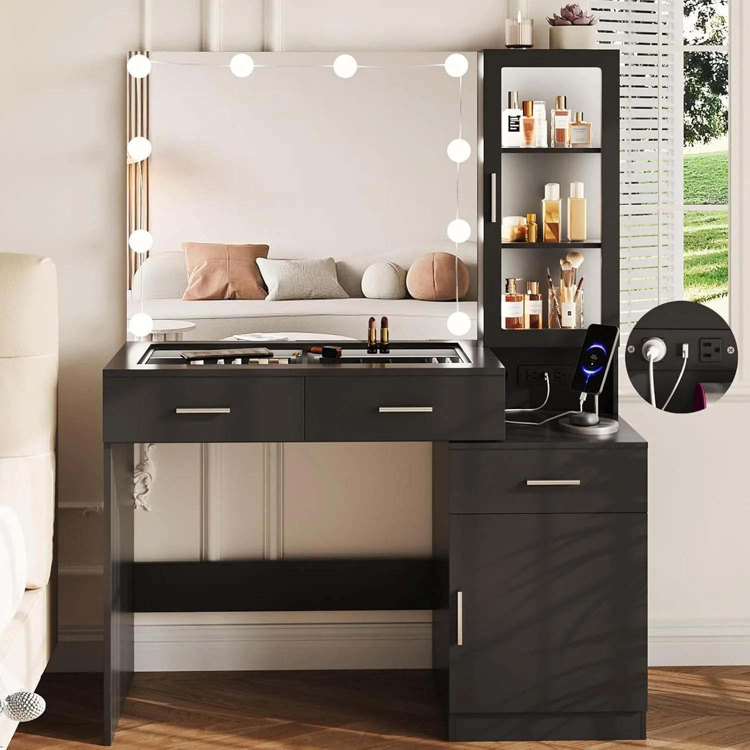 43in Glass Top Vanity with Mirror and Lights,Makeup Vanity Desk with Charging Station with RGB Lights ，3 Lighting Modes