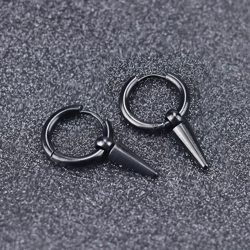 2pcs Rock Cone Pendant Hoop Earrings Female Men Stainless Steel Geometric Cartilage Single Earring Hip Hop Piercing Jewelry