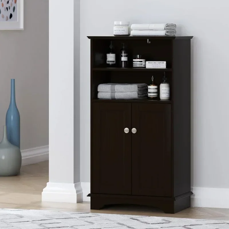 

Bathroom Storage Cabinet, Floor Wood Cabinet with Doors and Adjustable Shelves, Freestanding Storage Cabinet Organizer