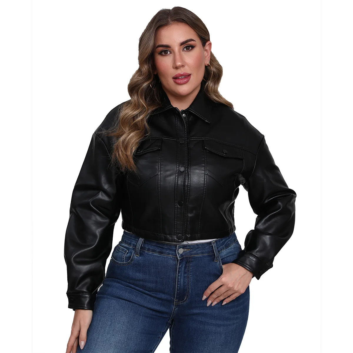 Chaqueta corta de PU de talla grande para mujer, ropa de abrigo de moda de piel sintética con solapa y un solo pecho, suave, duradera, resistente al viento, fácil de combinar