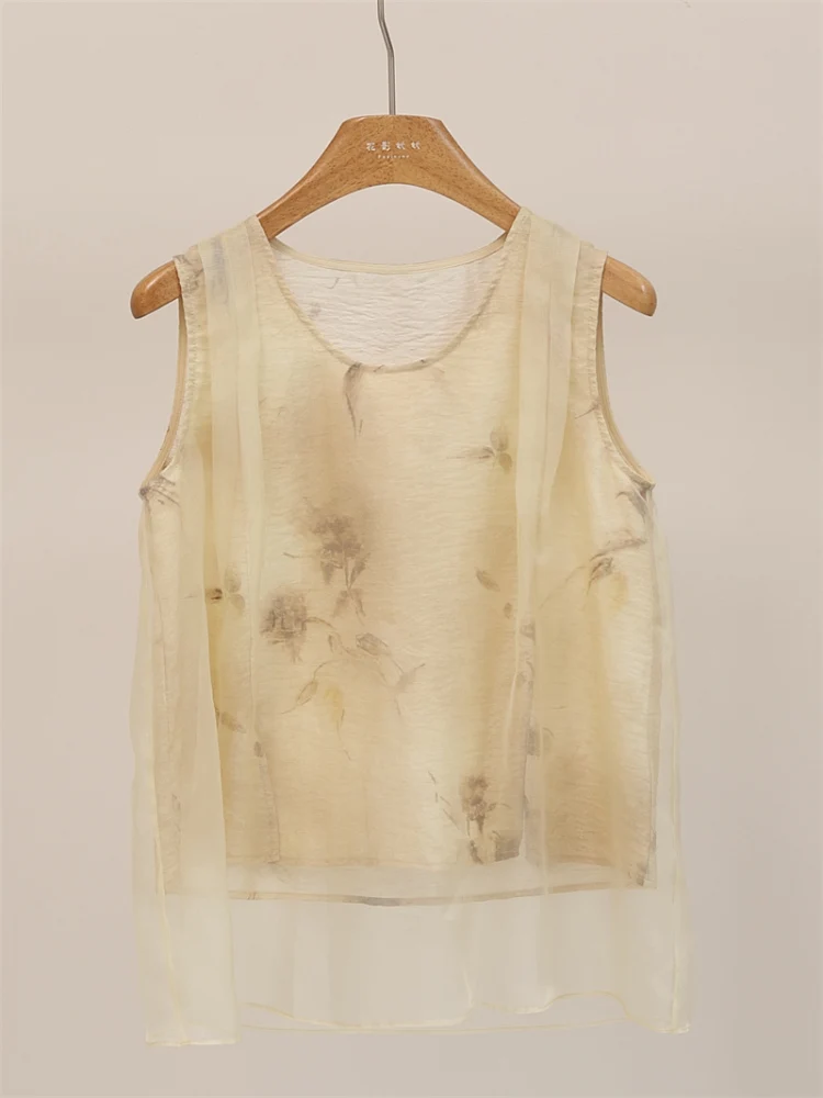 

Elegant Silk Elegance Vest Top Women's Fashion Retro Splicing Dyeing Ogeesha Blouse Age Defying Chinese Style round Neck Slee...