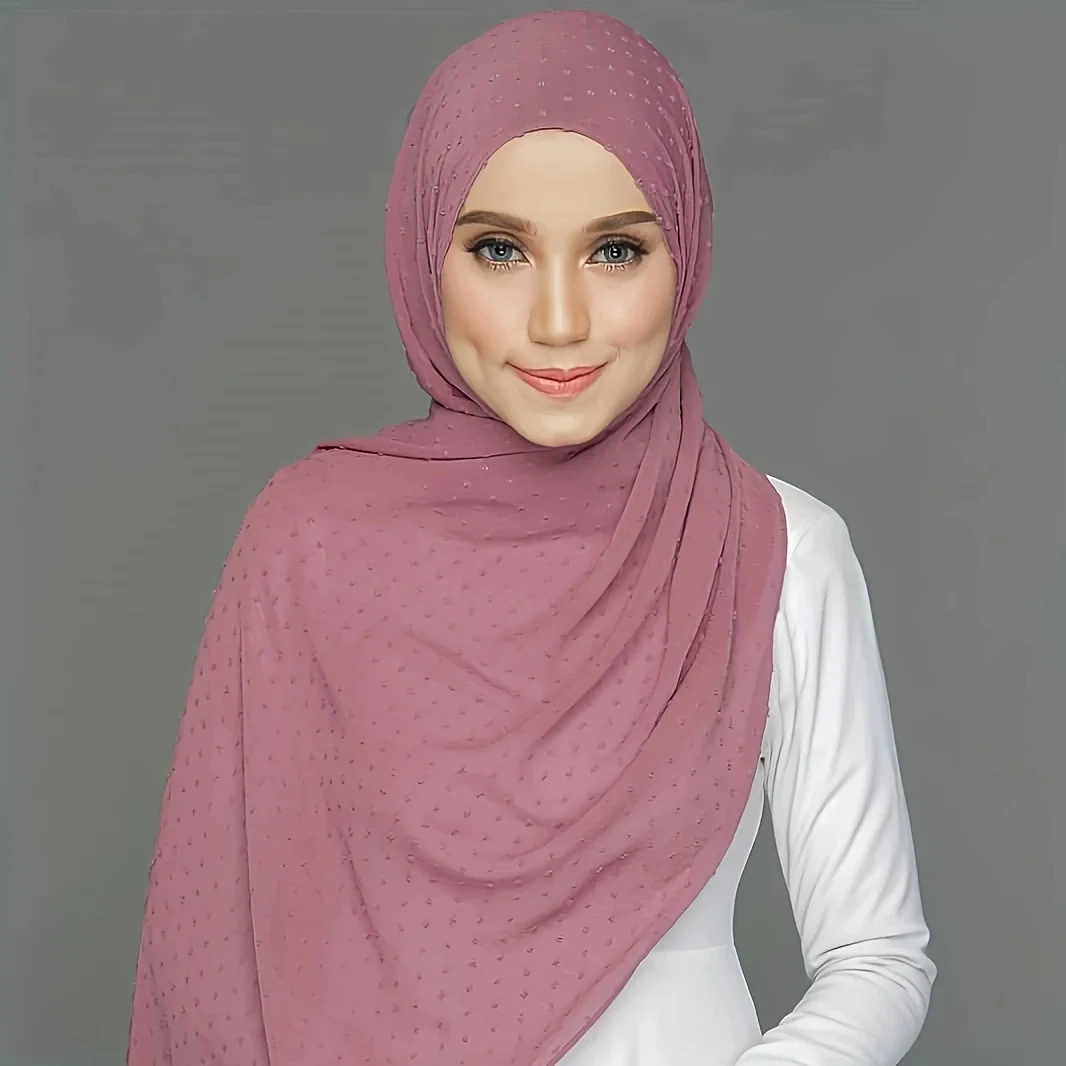 2024 New Solid Color Muslim Chiffon Scarf Pom Pom Trim Shawl Simple Style Basic Windproof Sunscreen Hijab For Women