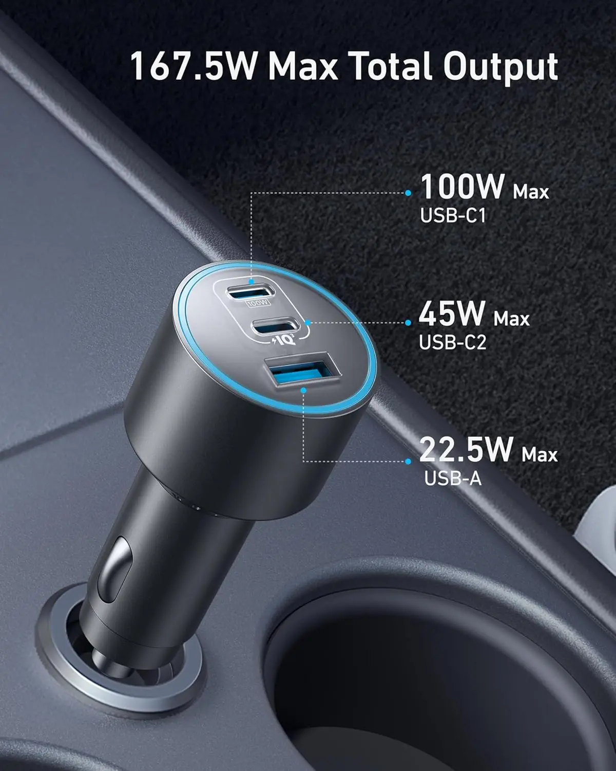 Anker Car Charger 167.5W Max 3 Ports Ultra Compact Type-C USB A Fast iPhone for iPhone MacBook Pro Air A2737