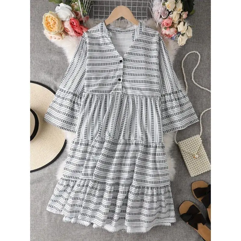 Latest Trend Plus Size Trendy Women's Casual Printed Ruffle Edge Pleated Dress Women's Fashionable Dress