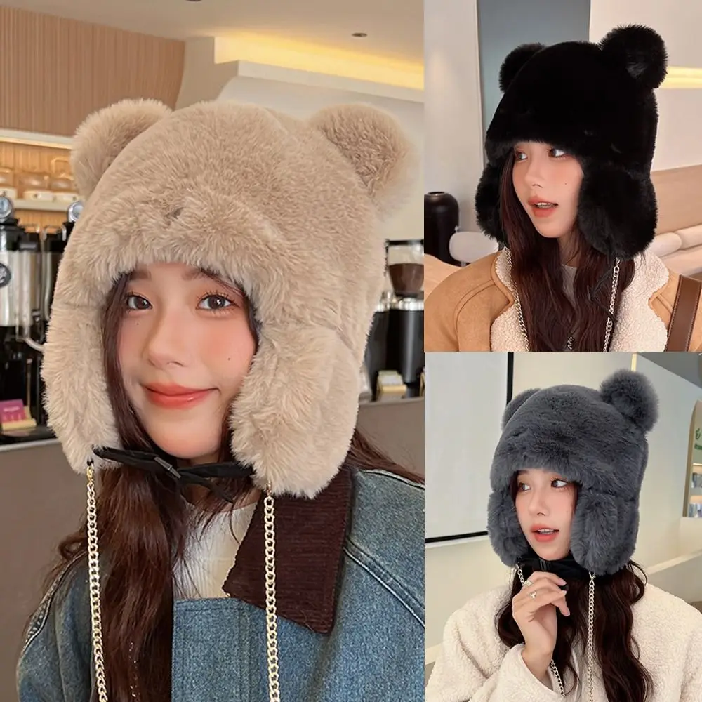 

Fashion Plush Cute Bear Ear Hat Soft Ear Protection Warm Bucket Hats Dual Purpose Caps&Bags Women Beanies Caps
