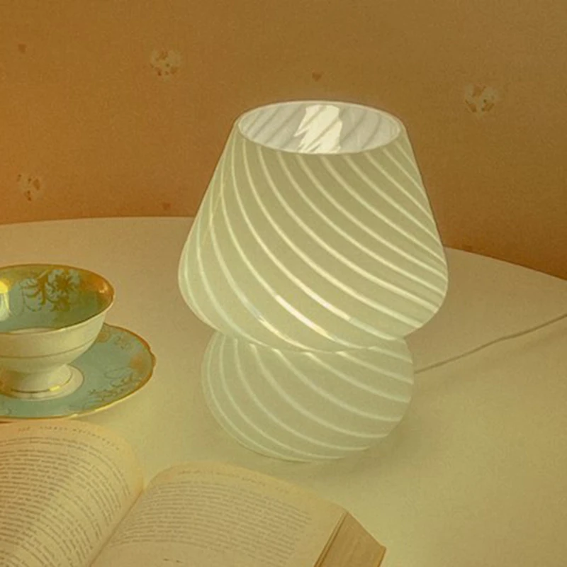 Modern Home USB Powered Mushroom Table Lamp Spiral Ribbed Striped Glass Shade Multi‑Color Freely Position Desktop Night Lamp