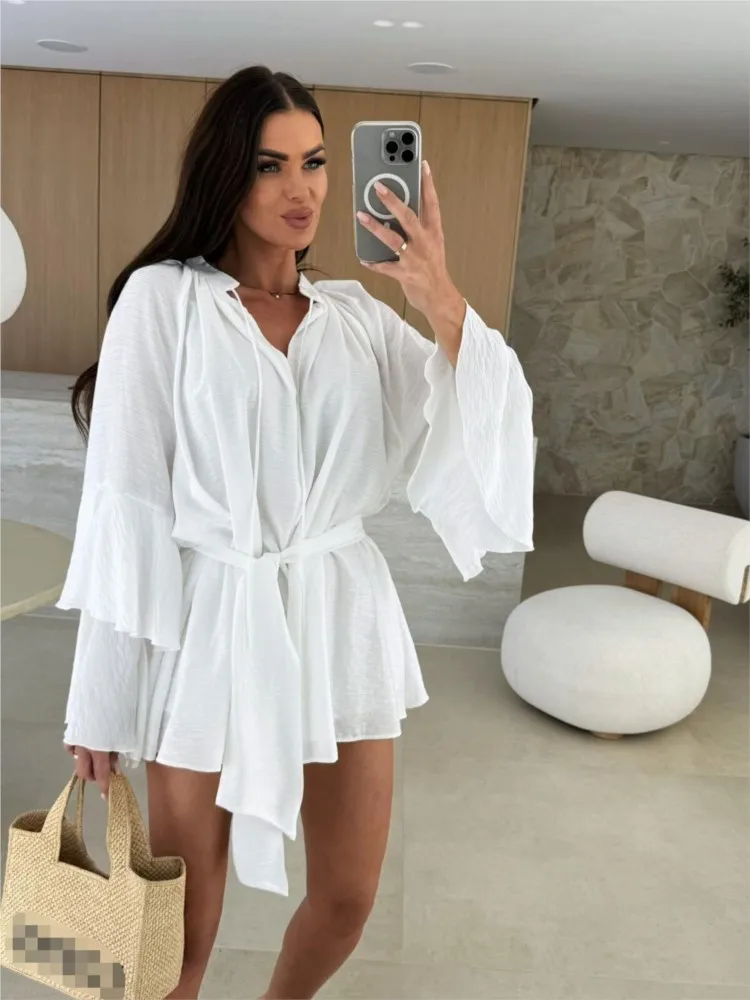 

Fashionable Lotus Leaf Sleeve Irregular Short Dress Spring Summer New Women's Solid Color Sexy V-neck Long Sleeved Loose Dress