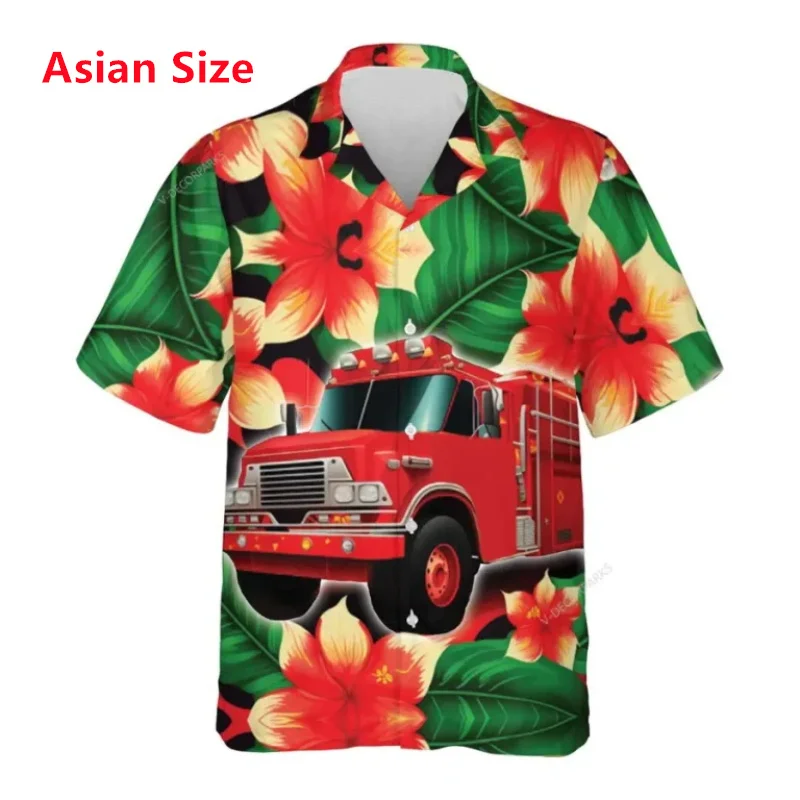 3D Print Tropical Fire Truck Hawaiian Shirts For Men Fire Rescue Button Down Short Sleeve Beach Shirts Mens Firefighter Gift