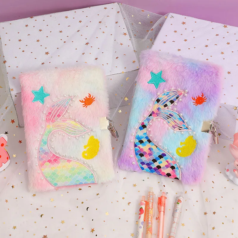Kawaii Girls' Notebook Children's Mermaid Tail Plush Notebook with Lock and Key Sketching Book Planning Organizer Student Gift