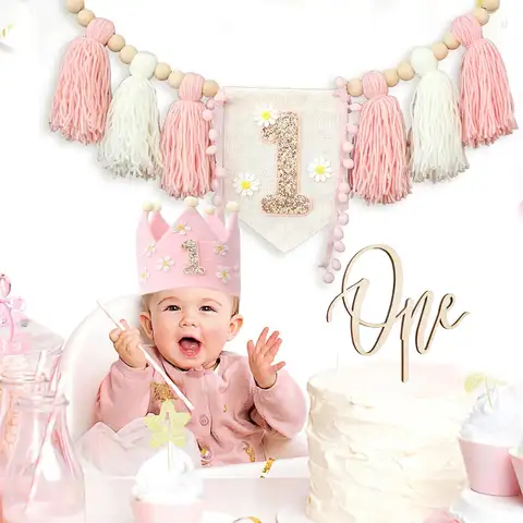 बोहो प्रथम जन्मदिन उच्च कुर्सी बैनर गुलाबी पार्टी सजावट लड़की के लिए बेबी शॉवर दीवार हैंगिंग बच्चों के बेडरूम के लिए सजावटी 8 best sales एक साल की जन्मदिन वाली लड़की - №1
