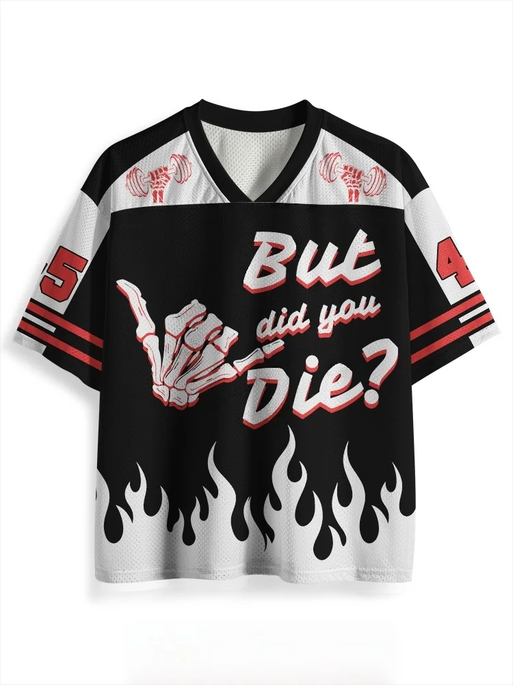 UnisexY2KSkeleton Hand Flame Fitness Graphic Mesh Jersey V‑Neck Short Sleeve Breathable Loose Streetwear Personality Sports Tops