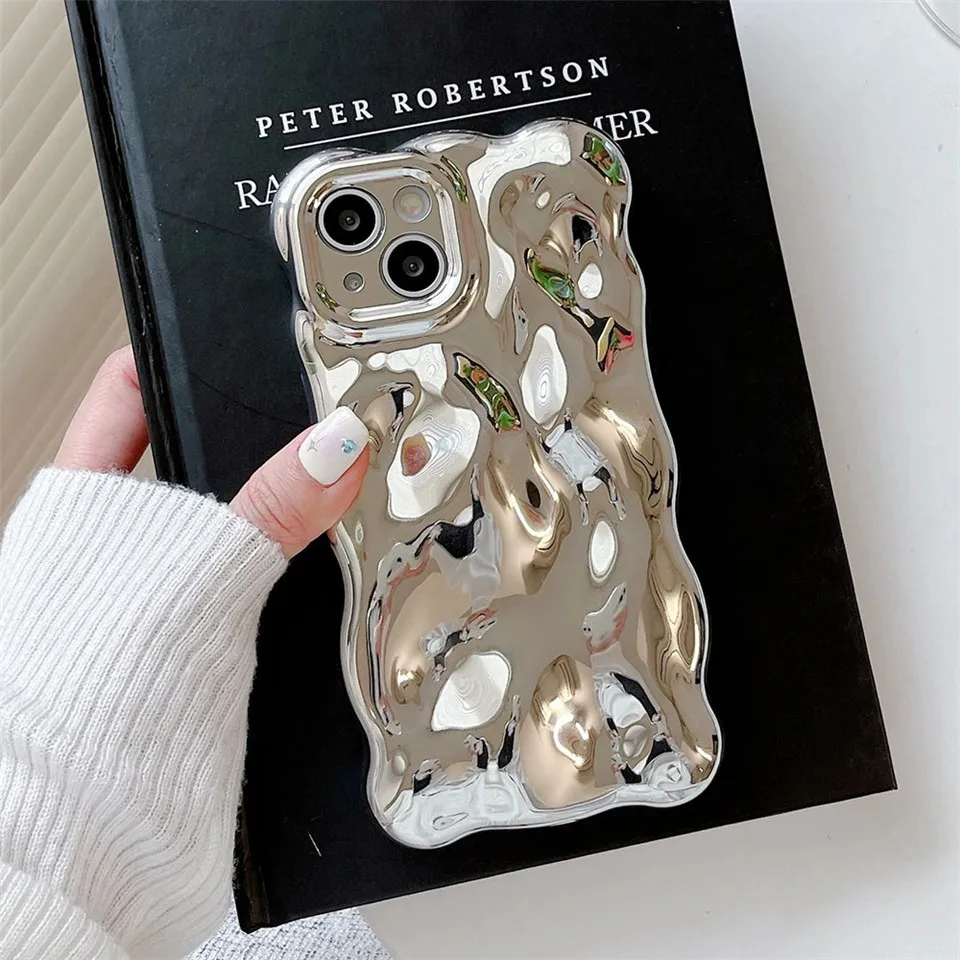 Luxury Electroplated 3D Meteorite Pattern Phone Case for iphone 15 14 13 11 12Pro Max Silver Shockproof Case Round Bead Bracelet