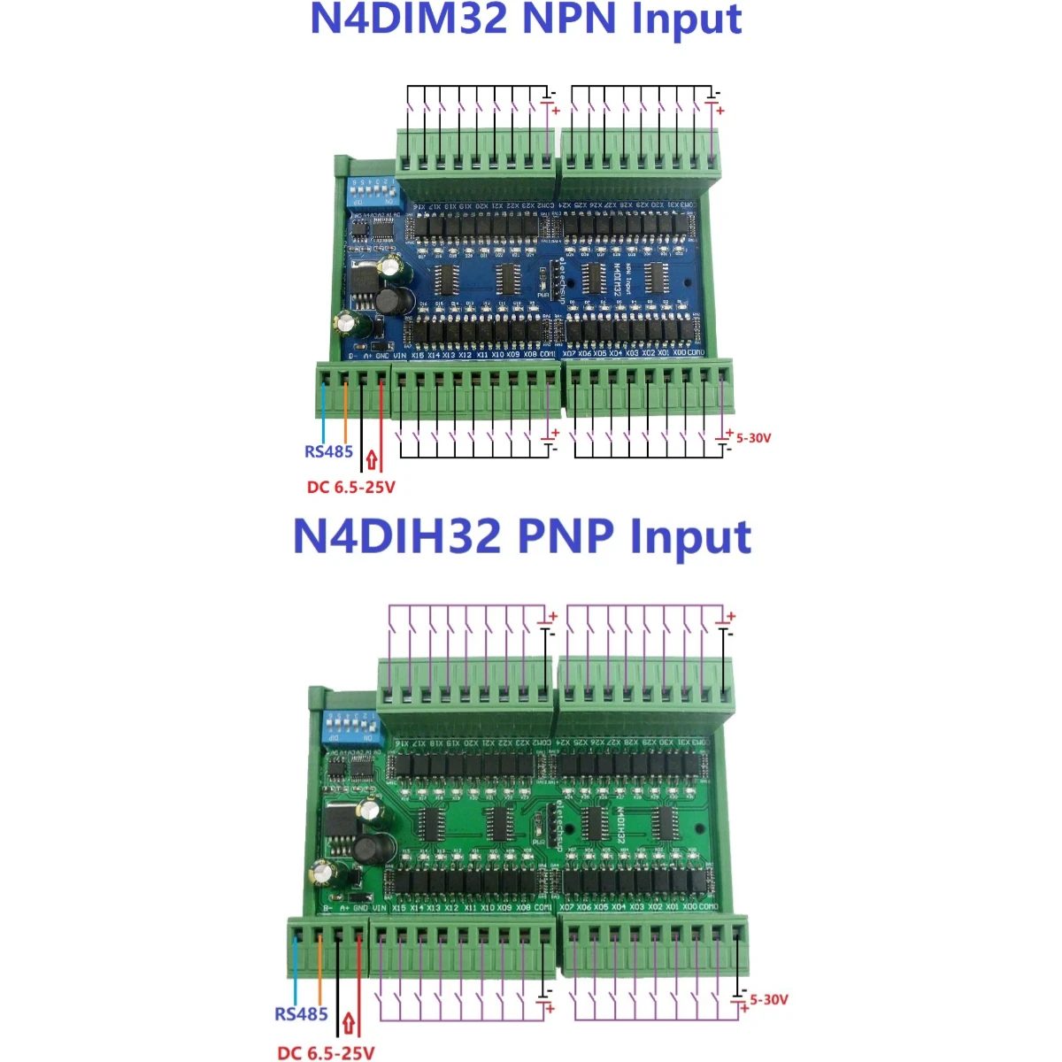 N4DIH32 N4DIM32 DC 12V 24V PLC Switch Quantity Acquisition Board 32ch PNP NPN Isolated Digital Input RS485 Modbus Rtu Controller