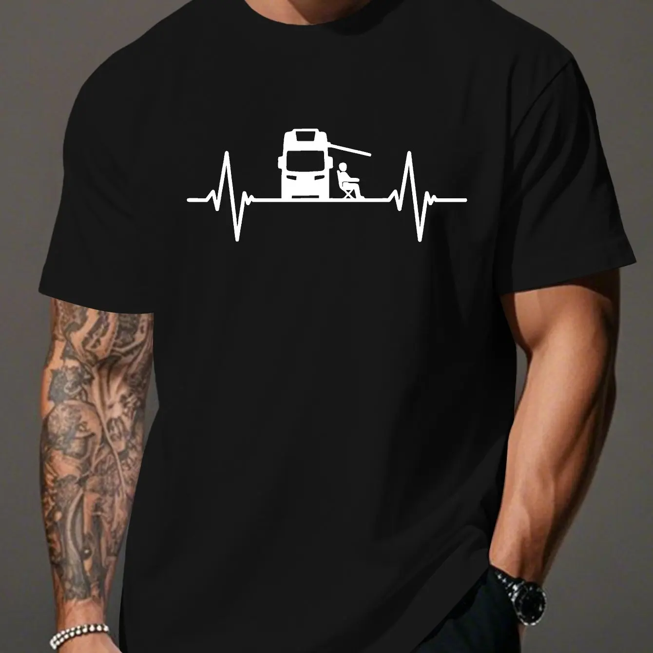 Men's Fishing Heartbeat T-shirt Camper Van Camping Fisherman Print Tee Outdoor Lover Casual Cotton Tops