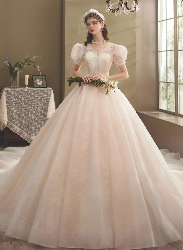 2026 Vintage Puff Sleeve Lace Bridal Ball Gown Illusion Neck Champagne Tulle Extra Long Train Corset Back Wedding Dress Custom