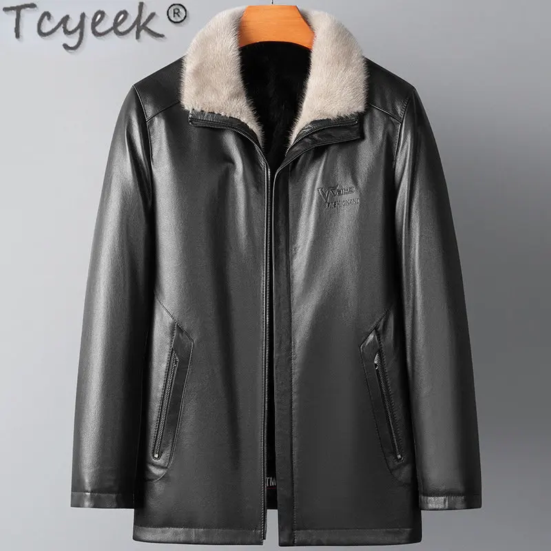 

Tcyeek Fashion Genuine Leather Real Cowhide Coat Man Clothes Wool Jackets Winter Warm Real Fur Jacket Men Mink Fur Lapel Collar