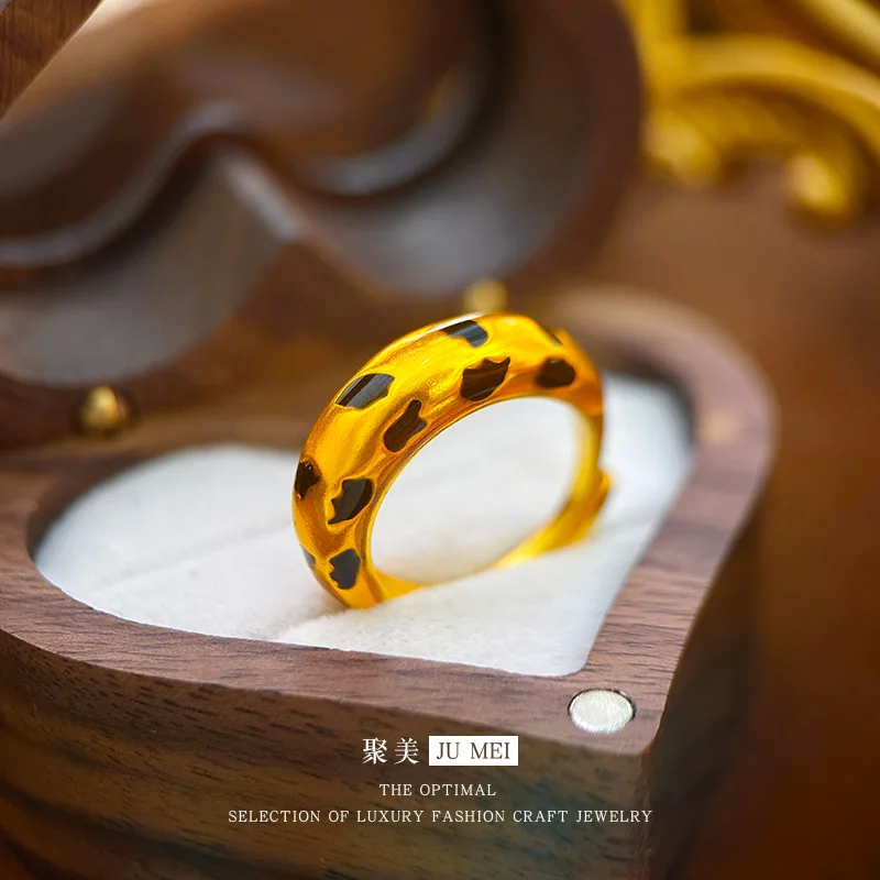 9999 24K real gold store same style women's gold ring with leopard print opening adjustable beautiful jewelry