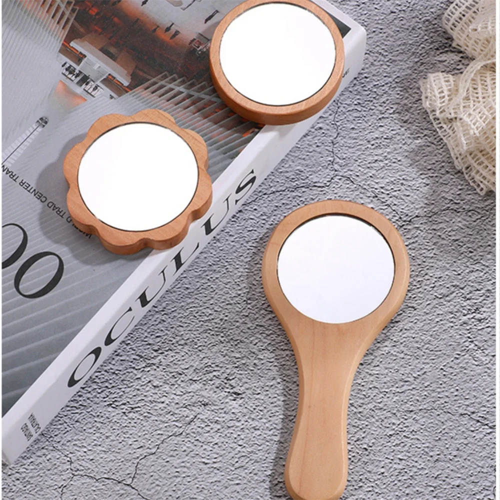 Wooden Handheld Mirror Vintage Round Cosmetic Mirror Compact Makeup Vanity Hand Held Mirror Women Travel Portable Mini Mirrors