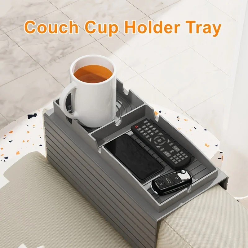

Silicone Armrest Tray Organizer - Heavy Duty Anti-Slip Couch Cup Holder for Phones, Snacks, Remotes - Multi-Purpose Tabletop Sto