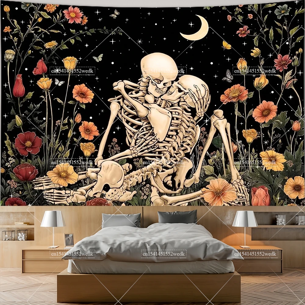 Floral Skeleton Lovers Tapestry Wall Hanging  Gothic Skull Tapestrys Aesthetic Bedroom Decoration Mushroom Tapestries Macrame