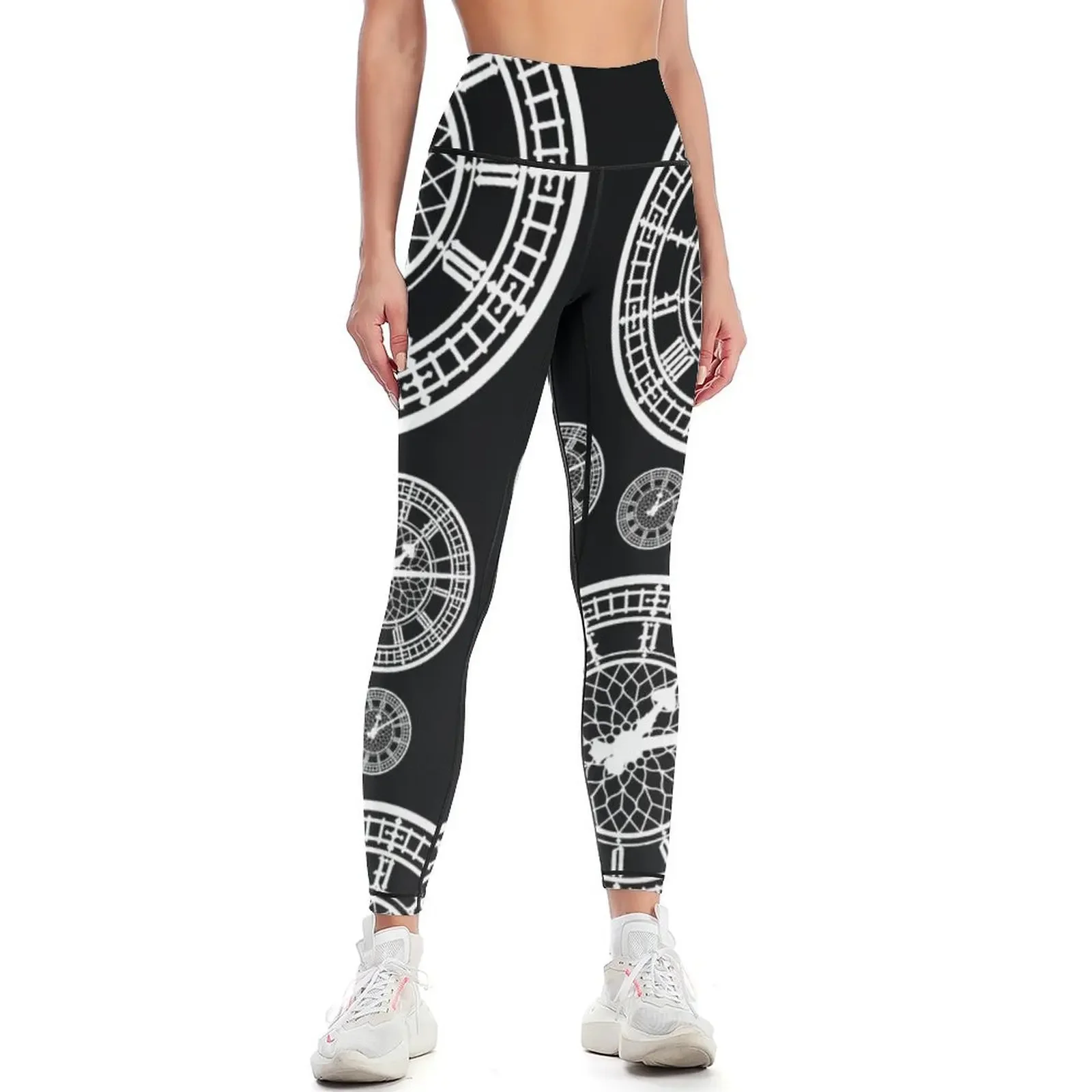 

Black and White Vintage Clock Pattern Leggings Sweatpants Women's high waist Sports female gym clothing Womens Leggings