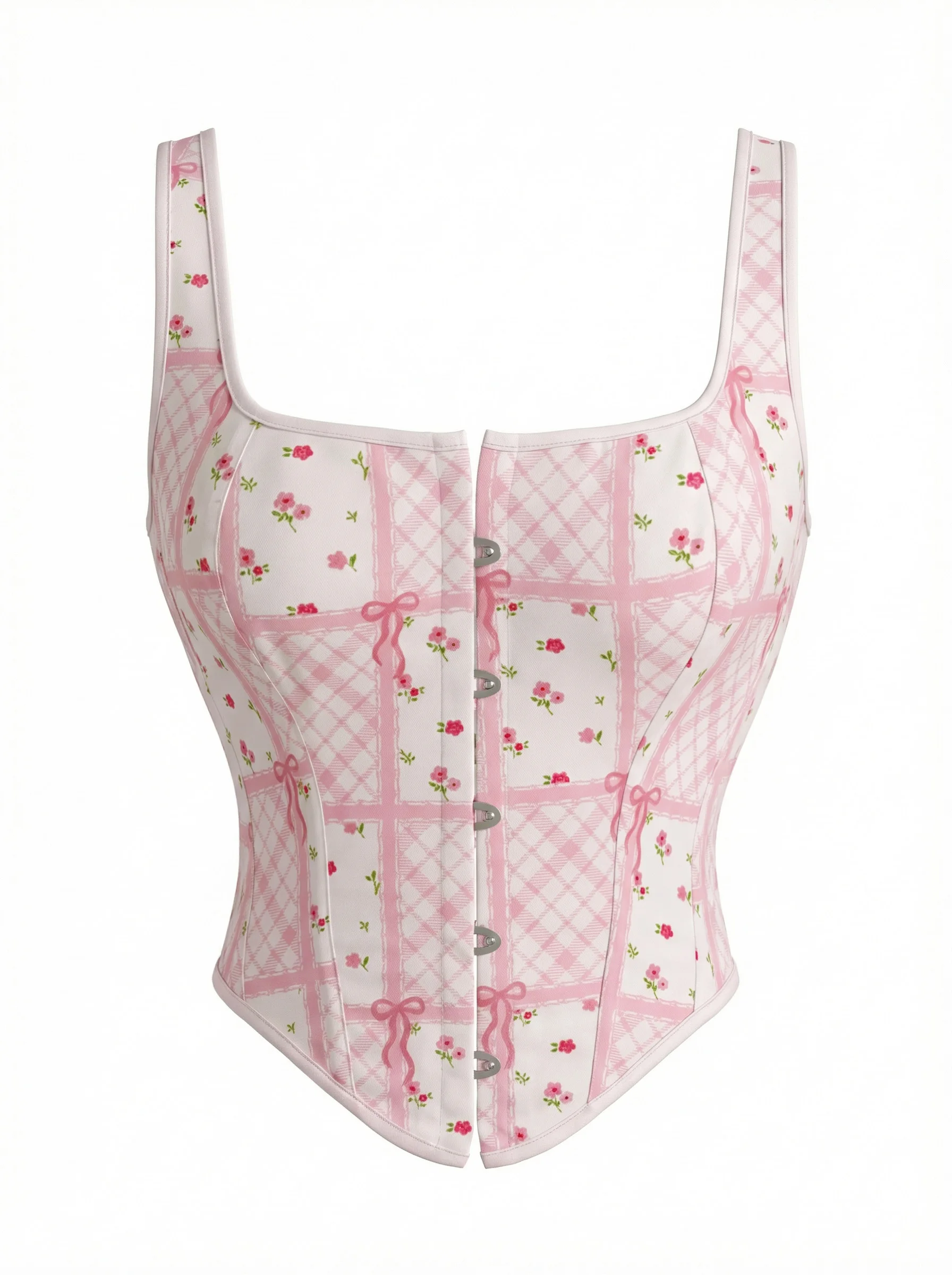 Damen Korsett-Top in Rosa mit Gingham-Blumenmuster, Schleife, verstellbaren Trägern, Hakenverschluss vorne, Schnürung hinten, im Cottagecore-Lolita-Stil.
