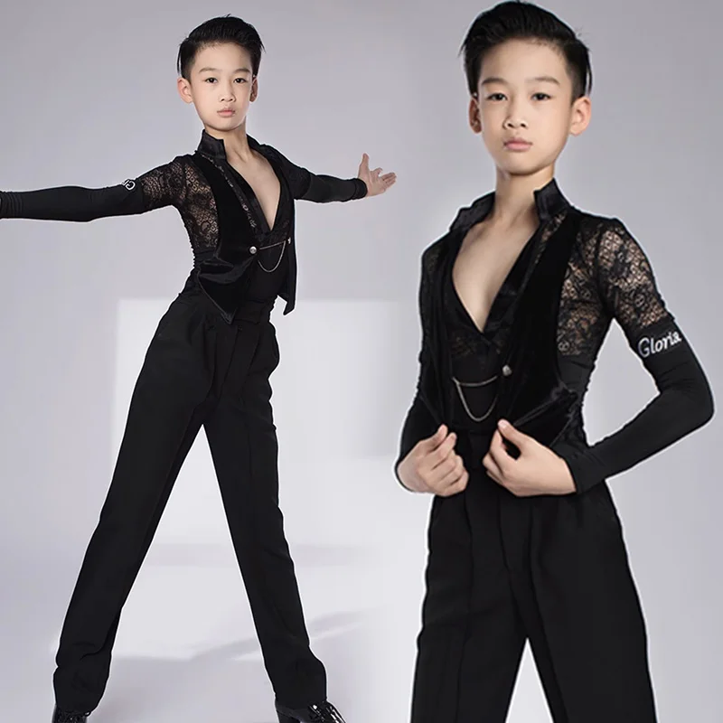 

Одежда для латинских танцев для мальчиков, одежда для соревнований, черный кружевной топ с v-образным вырезом, детский танцевальный топ для бальных танцев, 4363
