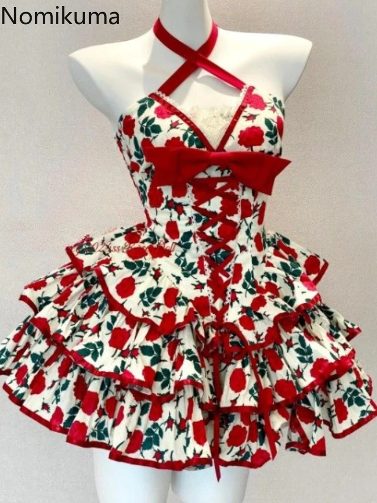 

Sweet and Spicy Retro Pure Desire Style Girl's Sensation Cross Lace Hanging Neck and Waist Bow Pong Skirt Floral Dress for Women