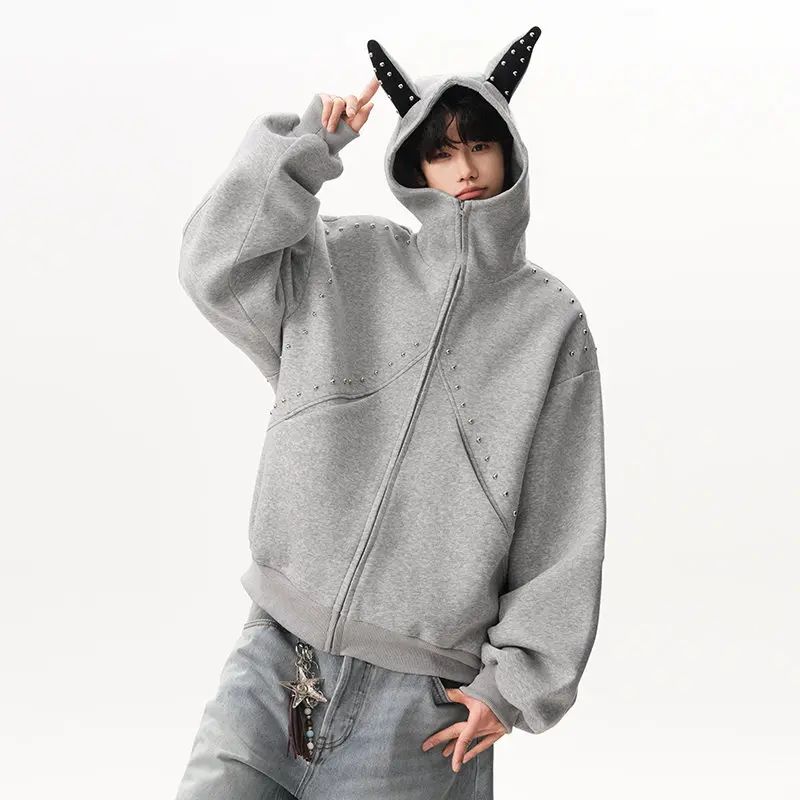 2025 الربيع والخريف نمط جديد برشام المرقعة تصميم الوقوف طوق رمادي هوديي زوجين تنوعا أسود قصير سترة سترة