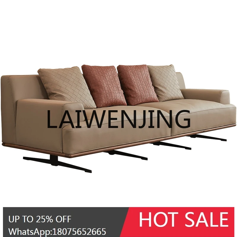 RWJ Nordic Large Flat Leather North American Black Walnut Wooden Sofa Combination Three-Seat