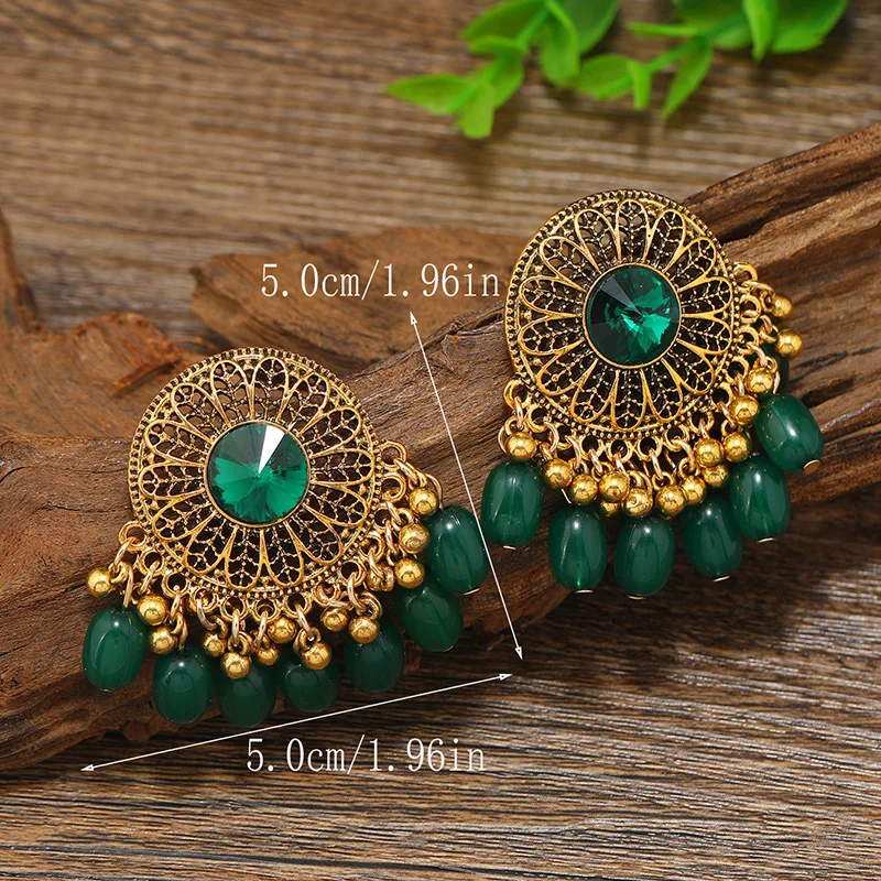 Bohemian Retro Ethnic Earrings with Feminine Elegance Crystal Green Beads Bell Tassel Earings for Women Indian Jewelry Aretes