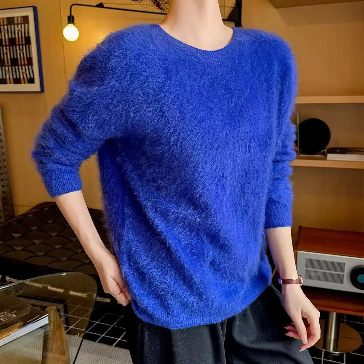 Cashmere brushed women's round neck brushed cashmere sweater loose knit bottoming sweater