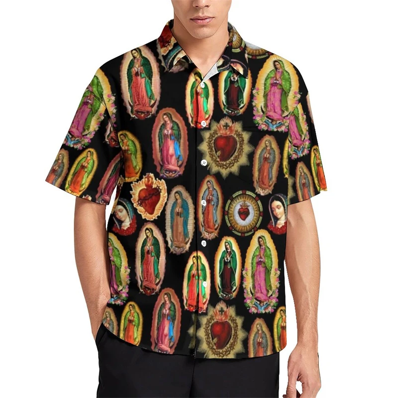 

Fashion Virgin Mary Graphic Hawaiian Shirts For Men Summer Trendy Short Sleeve 3D Printed Lapel Shirt Loose Breathable Blouses