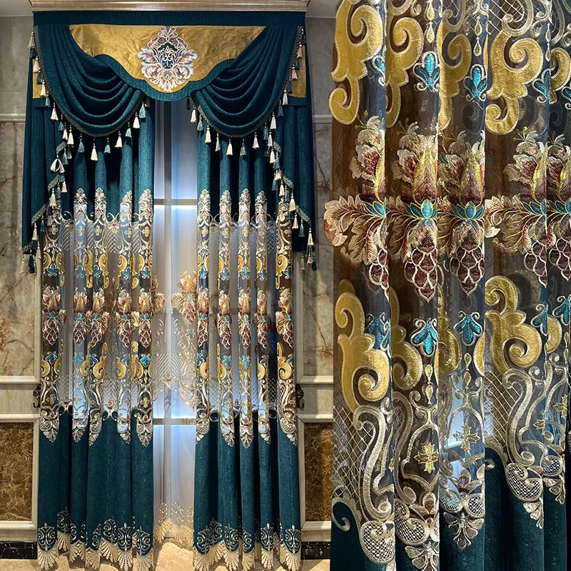 Custom  high-grade water-soluble embroidery window curtain blue Chenille  cloth blackout curtain tulle valance drape C1640