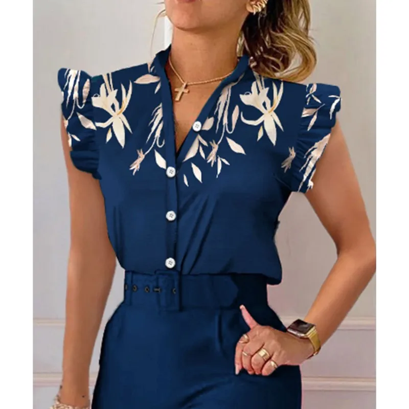 

2025 women clothing summer fashion temperament casual commuting elegant V-neck button petal short sleeved printed top shirt