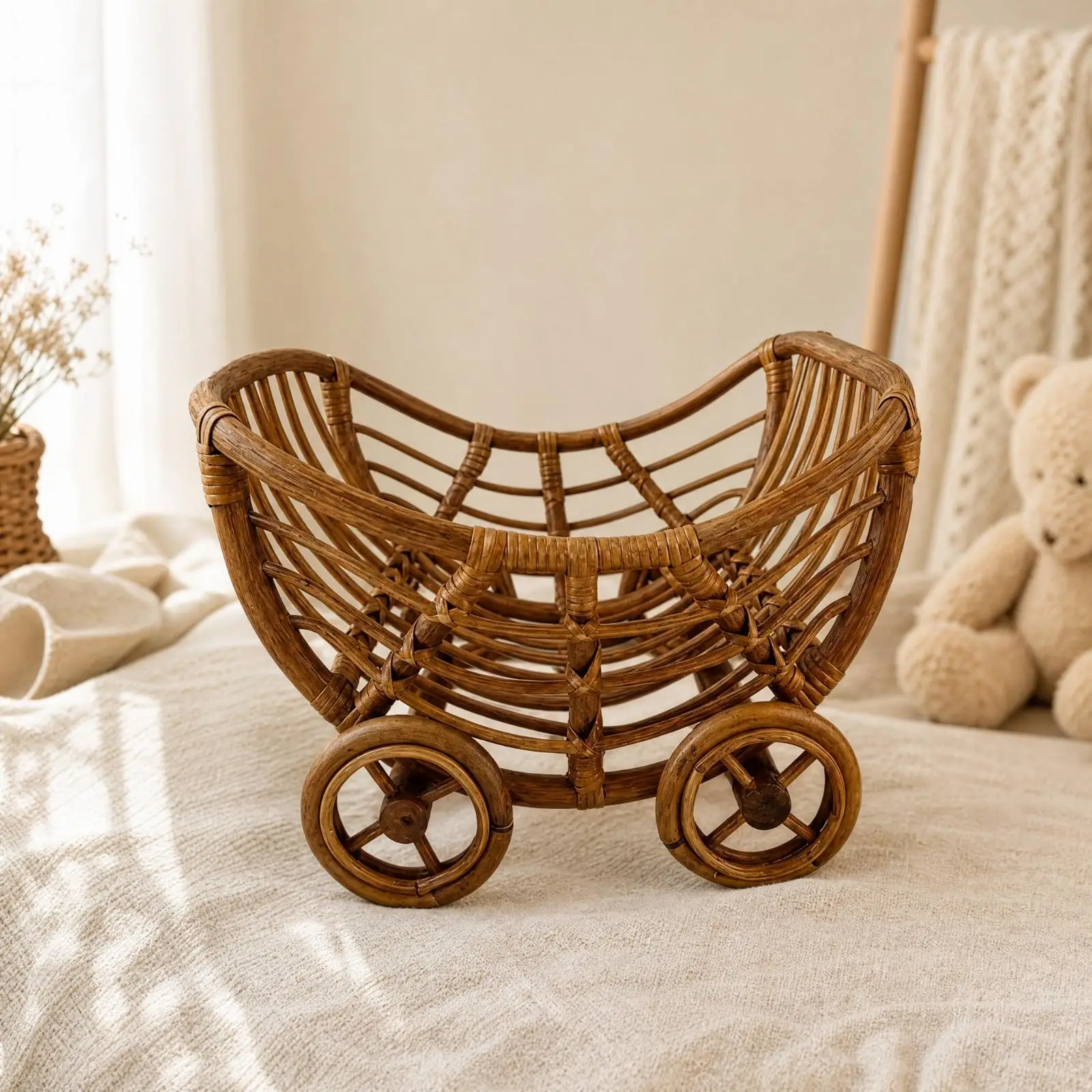 Vintage Style Rattan Photography Basket for Studio Clothing Shoots with Built in Wheels