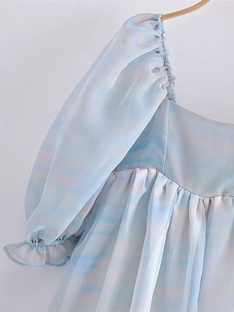 Sweet Summer Blue Color Misty Sky Tie dye Organza Ball Gown Dress Puff Sleeve Retro Women Swing Midi Dresses Fairy Cake Vestidos