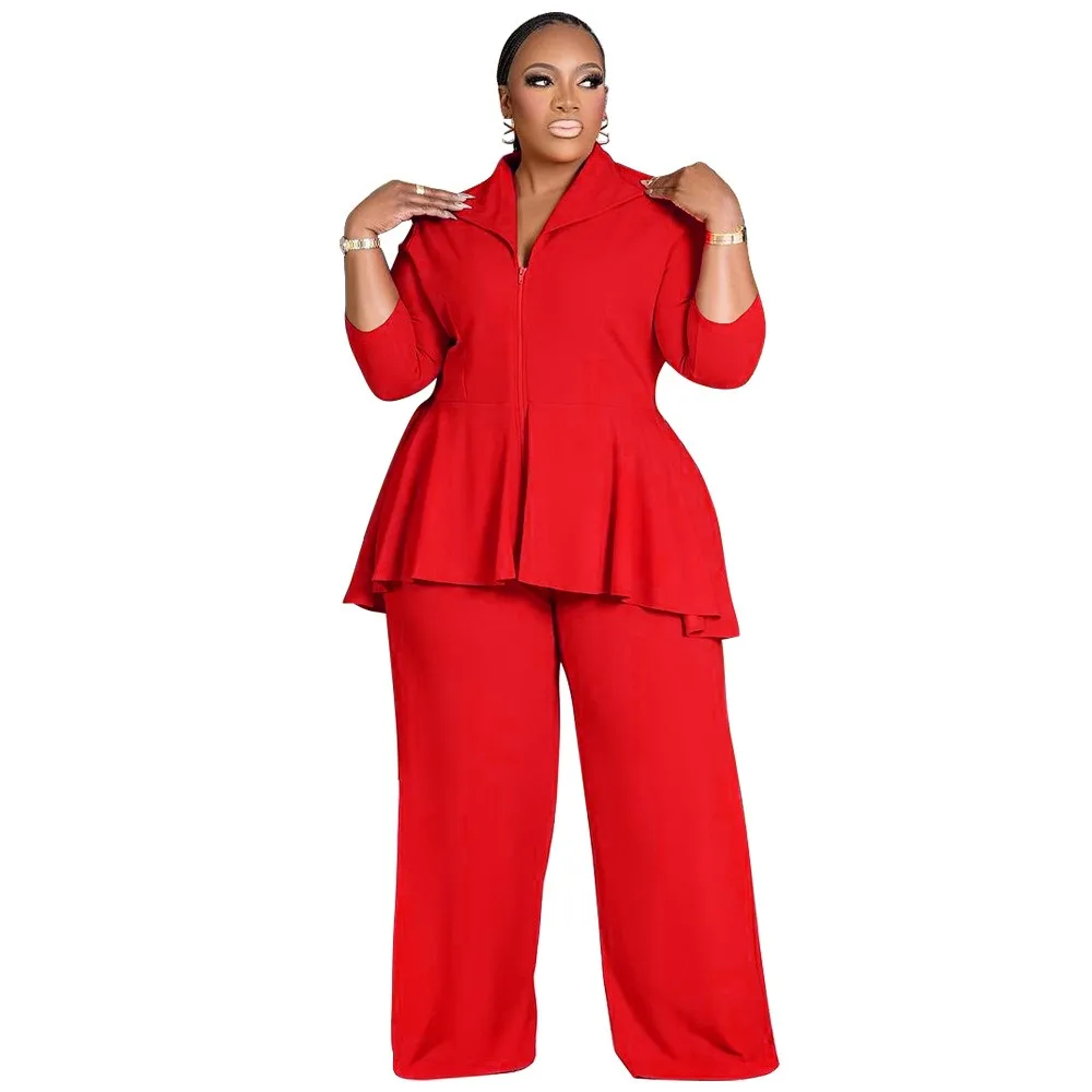 XL-5XL Casual Elegant Two Piece Sets Plus Size Women Clothing Winter African Long Sleeve Ruffle Top and Pant Suits Dropshipping