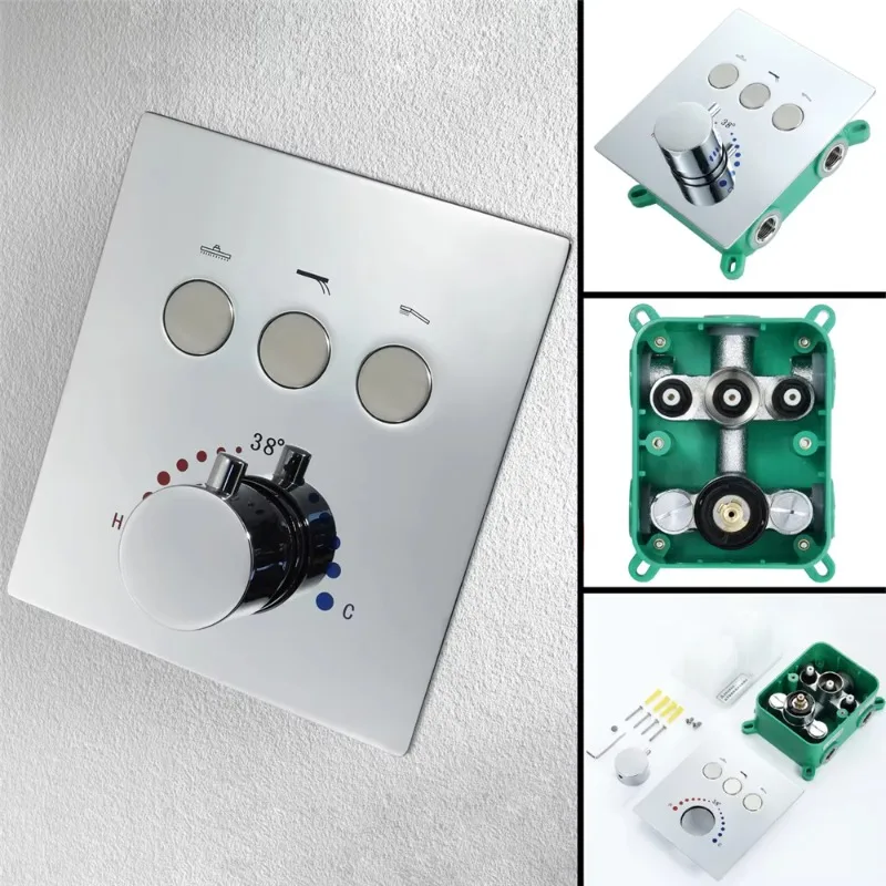Pommeau de douche moderne de 8 pouces avec bras de douche au plafond, commande par bouton thermostatique, ensemble de robinets de salle de bains en laiton