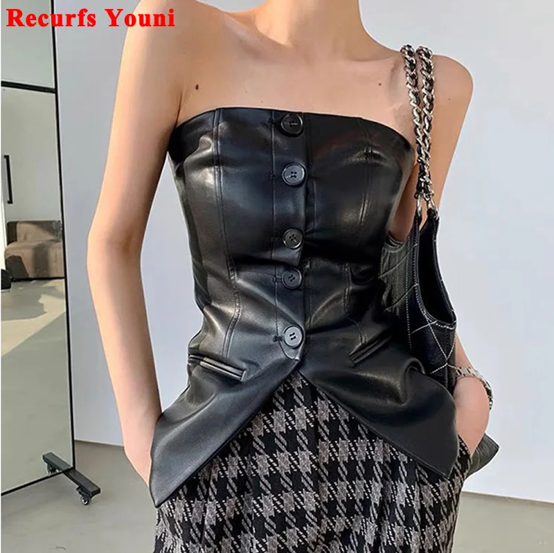 European American Sexy Tube Top Women Customer Color Genuine Leather Slim Fitness Collarless Jacket Femme Chic Streetwear Corset