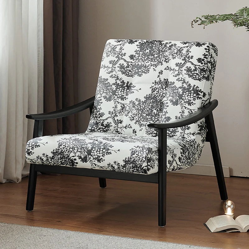 #Modern Retro Single Sofa Chair Solid Wood Flower Pattern Leather Reclining Leisure Furniture for Office Living Room Hotel