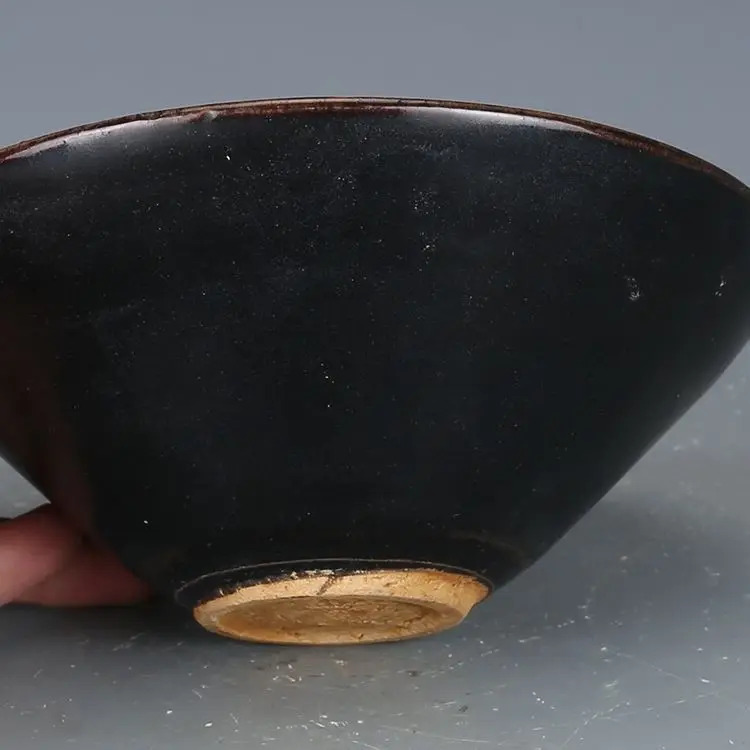 Vintage Old Collection Song Dynasty Jizhou Kiln Black Glaze Maple Leaf Conical Tea Bowl Antique Porcelain Collectible