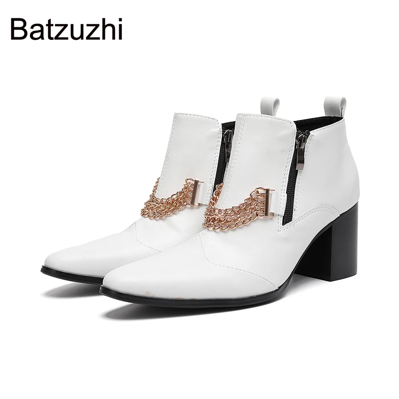 

Batzuzhi Pointed Toe New Design Men's Boots Shoes Double Zips and with Chains White Leather Ankle Boots Man 7cm High Heels!