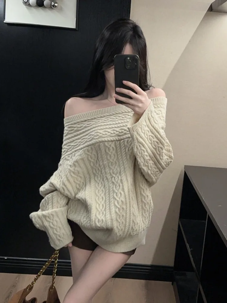 

Loose Thickened Knitted Sweater Women's Autumn Winter One Shoulder Exposure Twist Knitwear Casual Comfortable Breathable