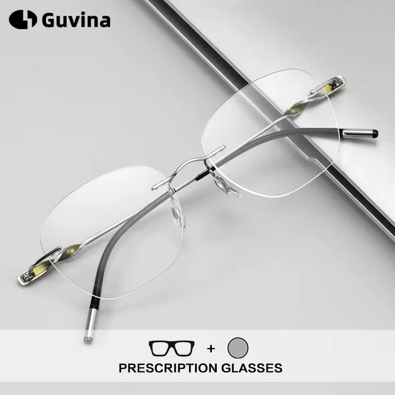 

Guvina Titanium Frameless Reading Glasses Women Anti Blue Light Photochromic Prescription Rimless Glasses Men Multifocal Eyewear