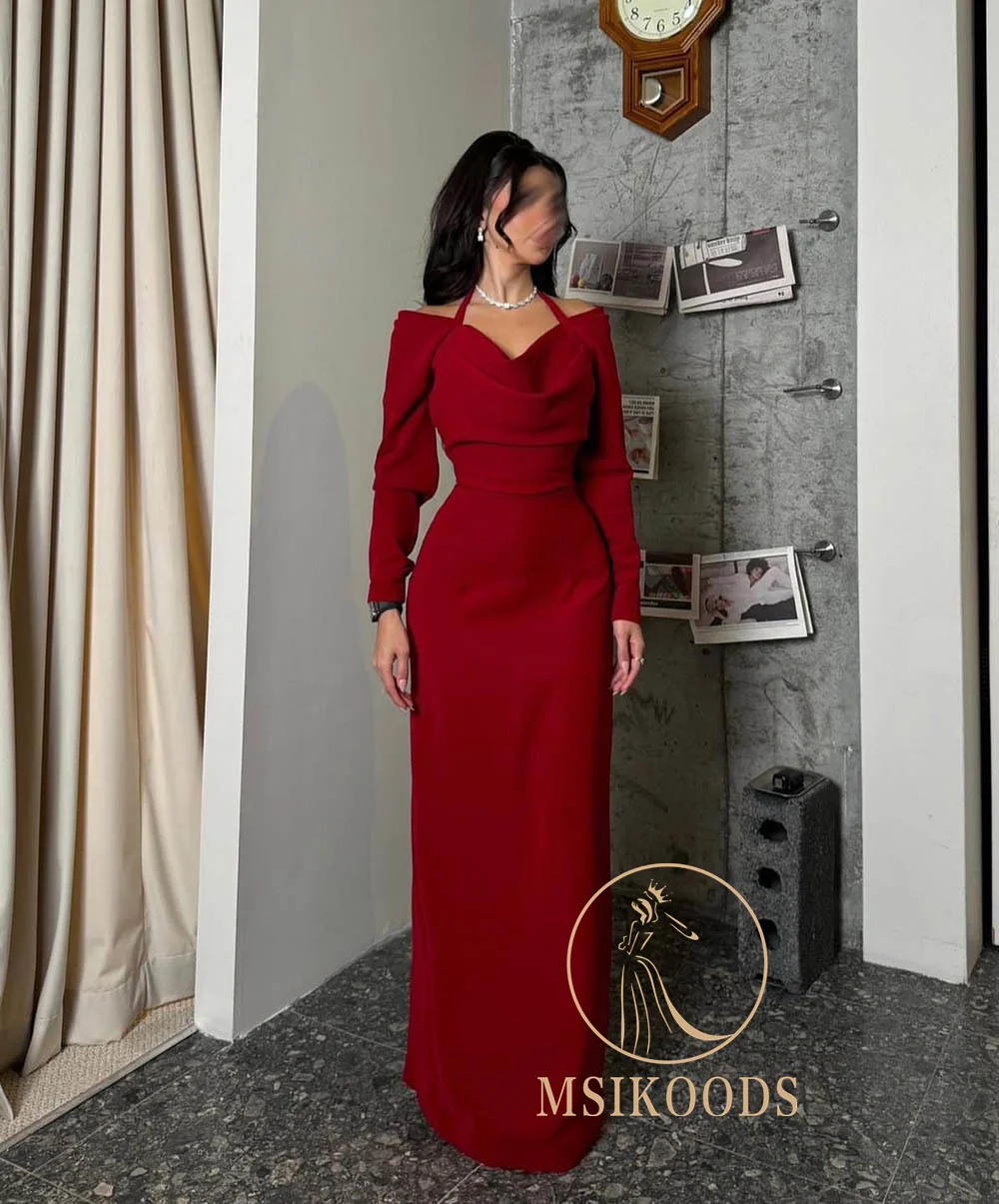 Msikoods エレガントなレッドフォーマルガウン長袖ウエディングドレスオフショルダーホルターネックパーティードレスイブニングドレス女性用カスタマイズ