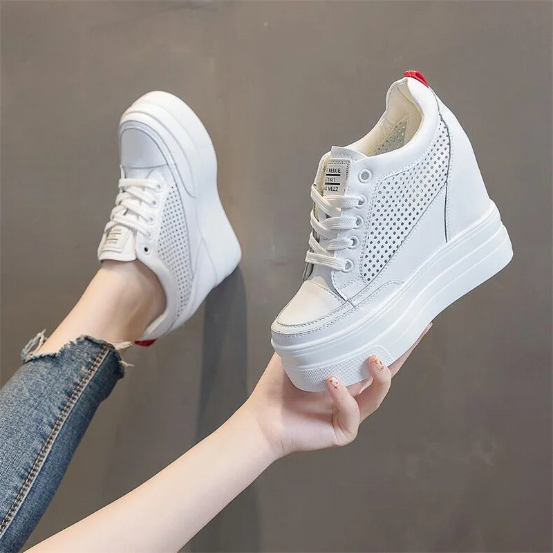 11cm Genuine Leather Platform Wedge Sneakers White Shoes Summer Women New Fashion Sneakers Hidden Heel Shoes Spring Autumn Pumps