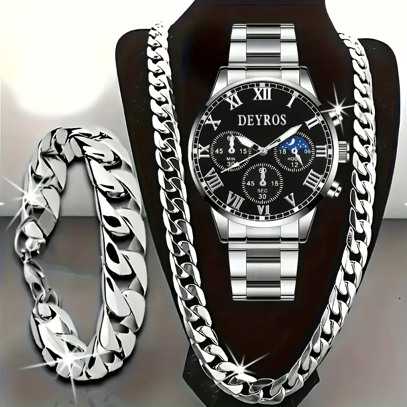 Stylish Business Men's Watch and Necklace & Bracelet 3-Piece Set – Stainless Steel Band Quartz Watch