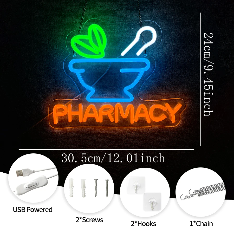 Pharmacy Neon Sign For Wall Decor,Light Up Sign For Business Medicine Store,Office,Gift For Licensed Pharmacist,USB Powered
